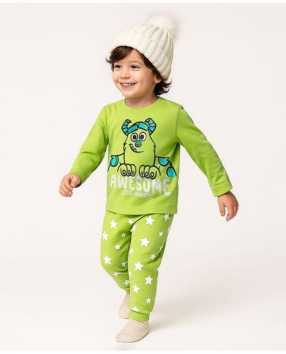 Babyhug Disney Single Jersey Knit Full Sleeves Night Suit with Sully Graphic - Limegreen