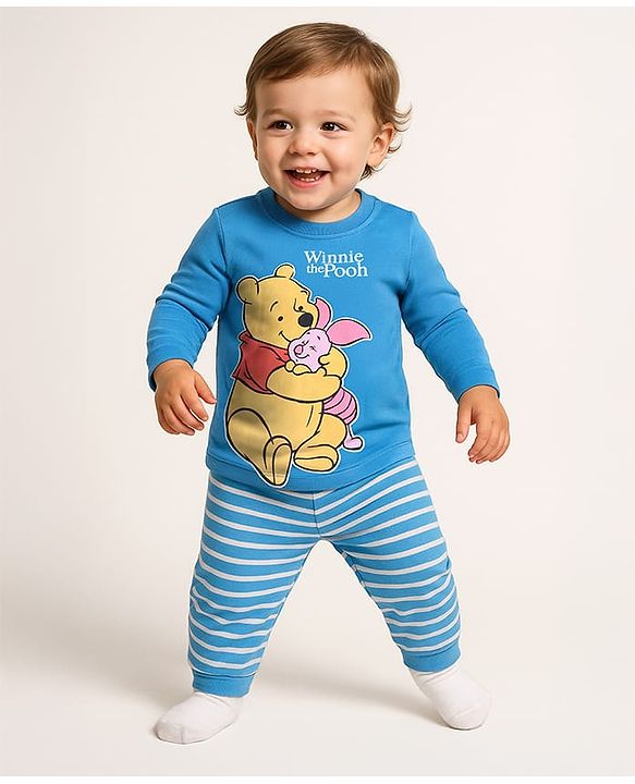 Babyhug Disney Single Jersey Knit Full Sleeves Night Suit with Winnie & Friends Graphic - Blue