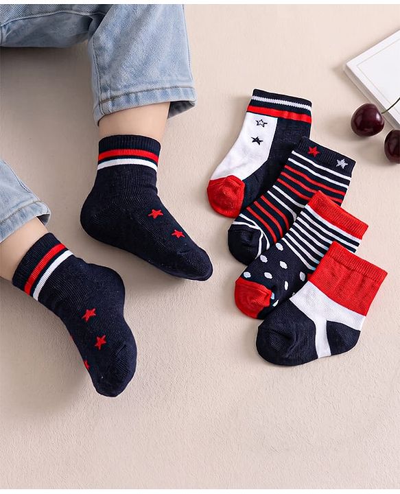 Cute Walk by Babyhug Knit Antibacterial Ankle Length Striped Socks with Polka Dot & Star Print Pack of 5 - Navy & Red