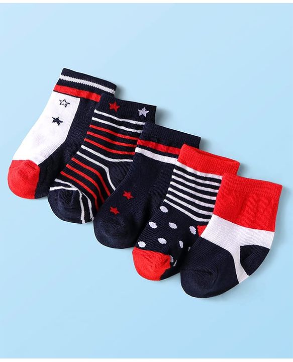 Cute Walk by Babyhug Knit Antibacterial Ankle Length Striped Socks with Polka Dot & Star Print Pack of 5 - Navy & Red
