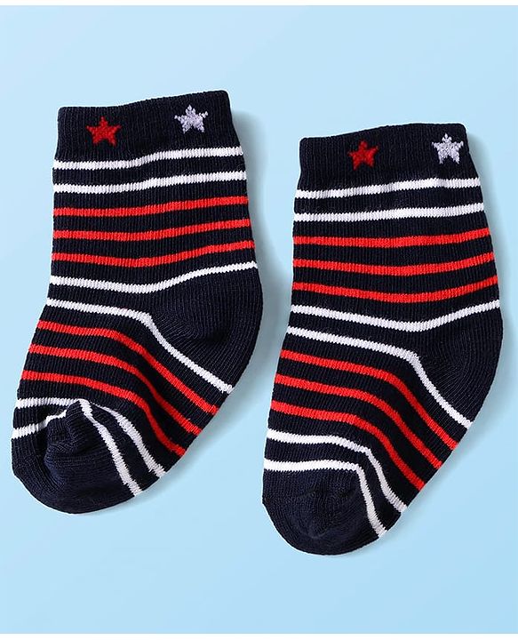 Cute Walk by Babyhug Knit Antibacterial Ankle Length Striped Socks with Polka Dot & Star Print Pack of 5 - Navy & Red