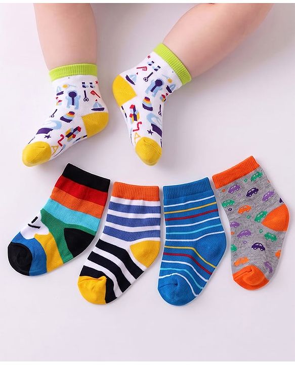 Cute Walk by Babyhug Ankle Length Socks with Stripes Pack of 5 - Yellow & Blue