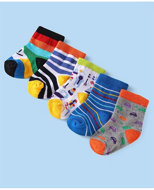 Cute Walk by Babyhug Ankle Length Socks with Stripes Pack of 5 - Yellow & Blue