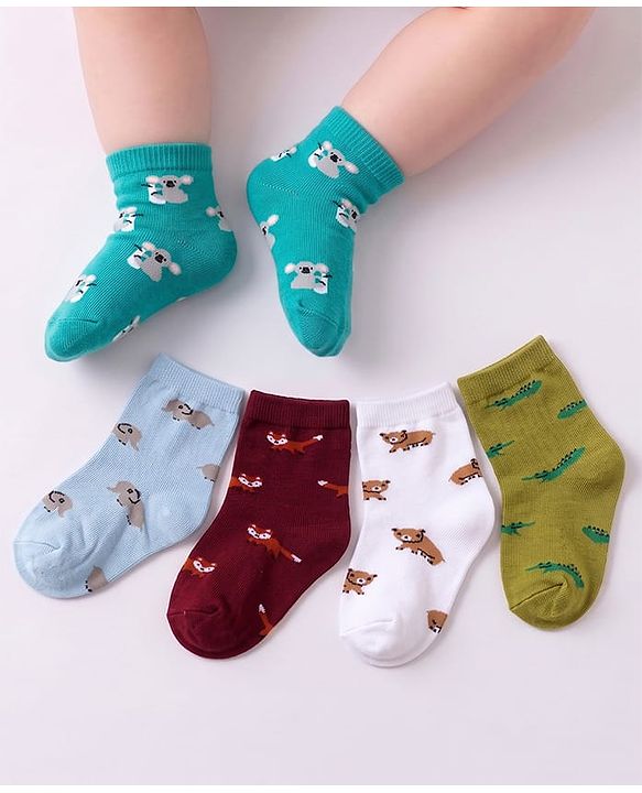 Cute Walk By Babyhug Cotton Knit Anti-Bacterial Ankle Length Elephant & Animal Designed Socks Pack Of 5 - Red Green & White