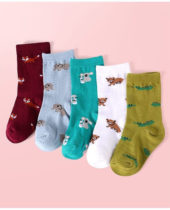 Cute Walk By Babyhug Cotton Knit Anti-Bacterial Ankle Length Elephant & Animal Designed Socks Pack Of 5 - Red Green & White