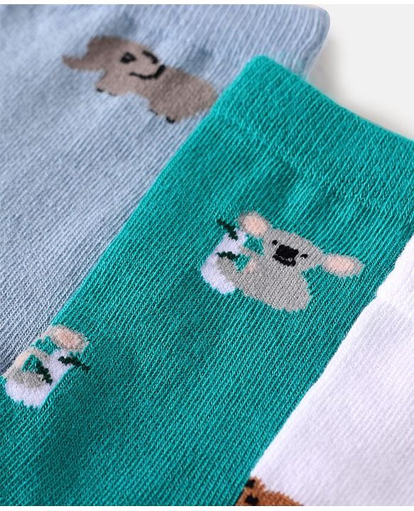 Cute Walk By Babyhug Cotton Knit Anti-Bacterial Ankle Length Elephant & Animal Designed Socks Pack Of 5 - Red Green & White