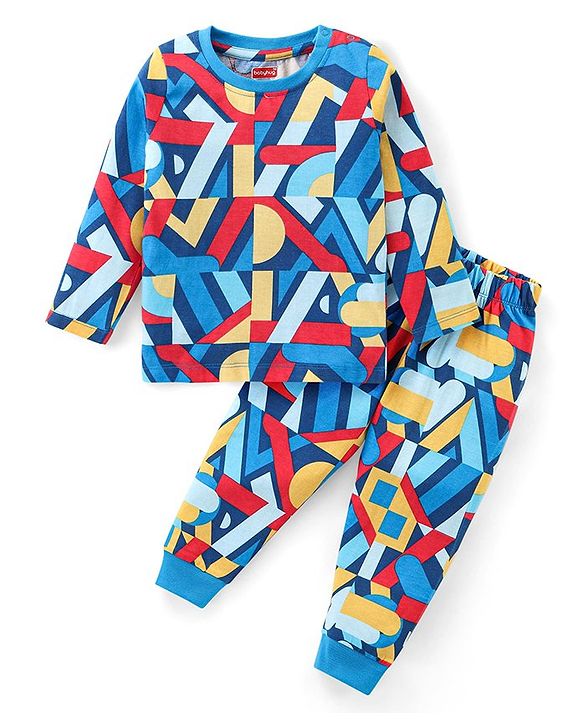 Babyhug Cotton Knit Full Sleeves Printed Night Suit - Navy