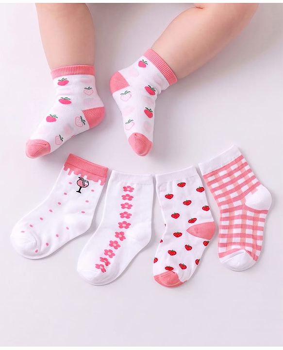 Cutewalk by Babyhug Non Terry Knit Anti-bacterial Ankle Length Socks with Floral & Fruits Design Pack of 5 - White & Pink