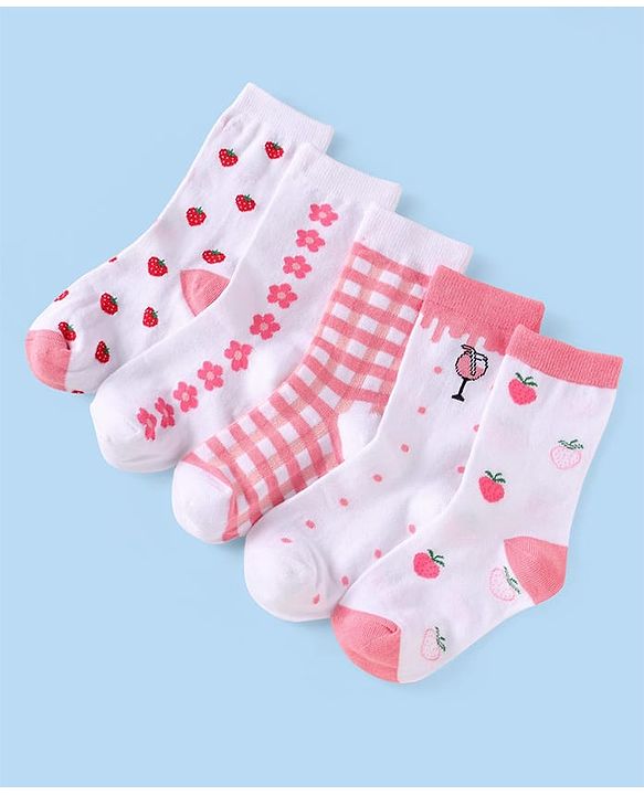 Cutewalk by Babyhug Non Terry Knit Anti-bacterial Ankle Length Socks with Floral & Fruits Design Pack of 5 - White & Pink