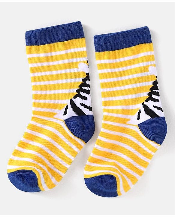 Cute Walk by Babyhug Knit Ankle Length Striped Socks With Animal Design Pack of 3 - Black Blue & Yellow