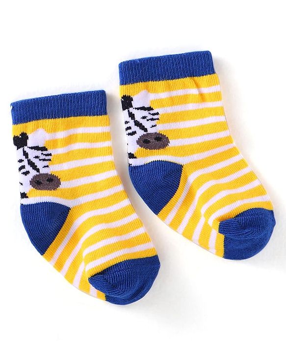 Cute Walk by Babyhug Knit Ankle Length Striped Socks With Animal Design Pack of 3 - Black Blue & Yellow