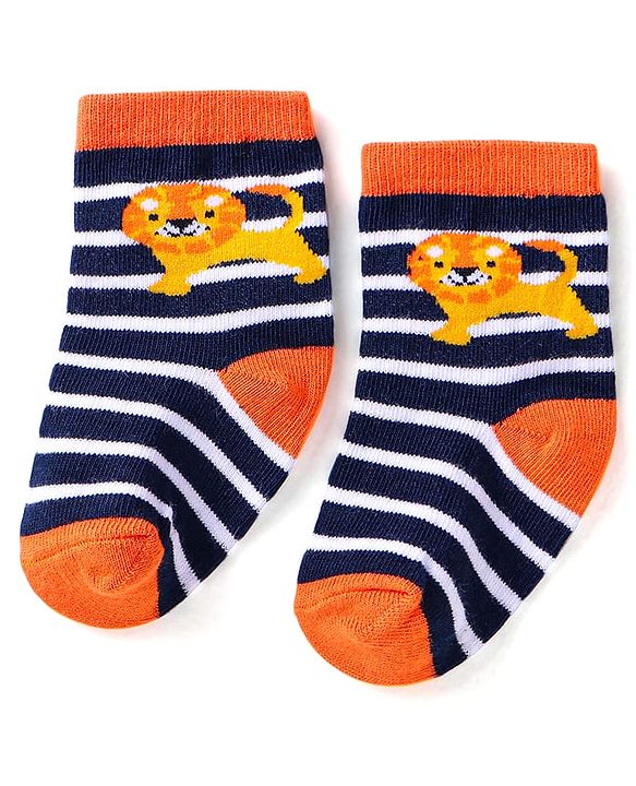 Cute Walk by Babyhug Knit Ankle Length Striped Socks With Animal Design Pack of 3 - Black Blue & Yellow