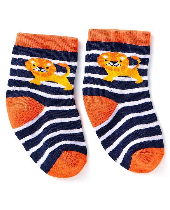 Cute Walk by Babyhug Knit Ankle Length Striped Socks With Animal Design Pack of 3 - Black Blue & Yellow