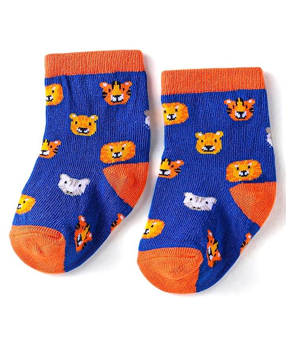Cute Walk by Babyhug Knit Ankle Length Striped Socks With Animal Design Pack of 3 - Black Blue & Yellow