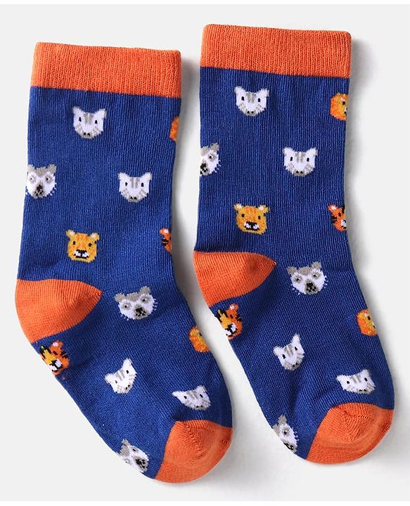 Cute Walk by Babyhug Knit Ankle Length Striped Socks With Animal Design Pack of 3 - Black Blue & Yellow