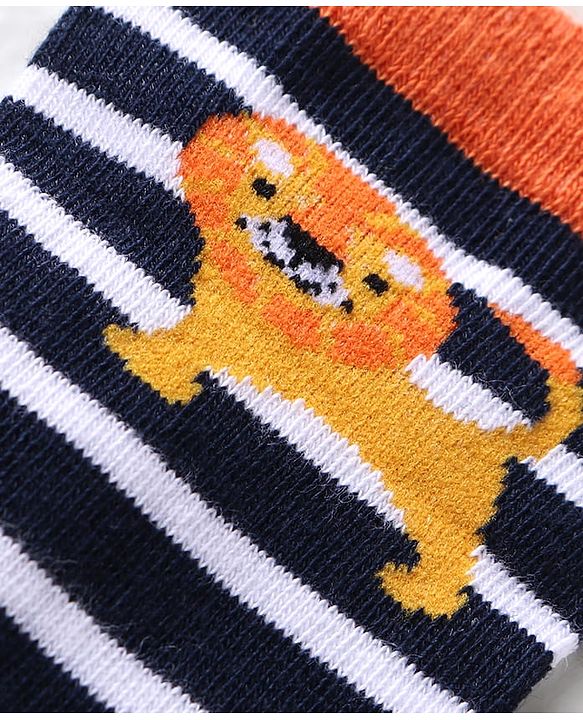 Cute Walk by Babyhug Knit Ankle Length Striped Socks With Animal Design Pack of 3 - Black Blue & Yellow