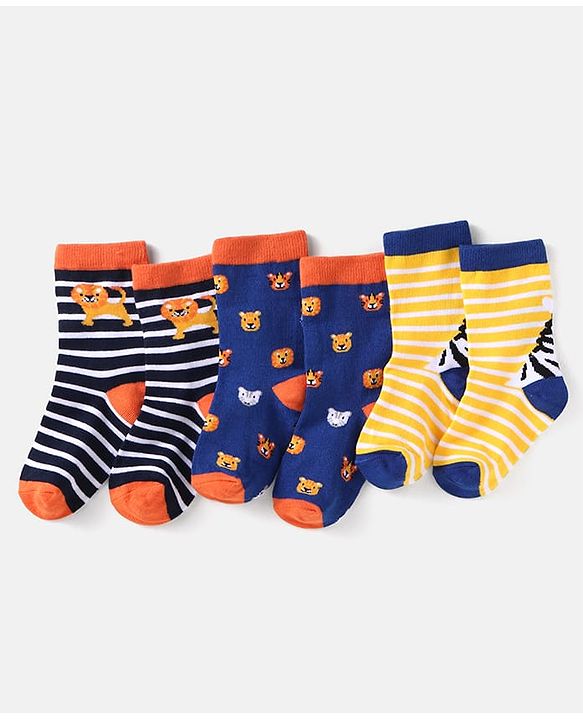 Cute Walk by Babyhug Knit Ankle Length Striped Socks With Animal Design Pack of 3 - Black Blue & Yellow