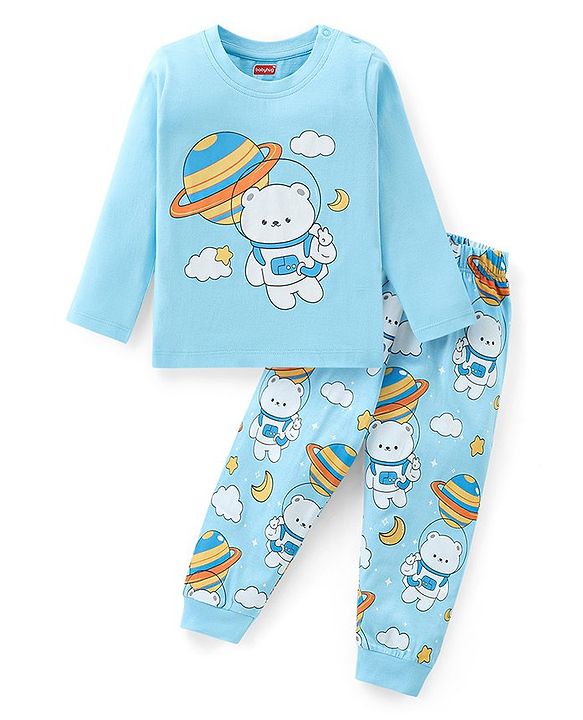 Babyhug Cotton Knit Full Sleeves Night Suit with Bear Print - Sky Blue
