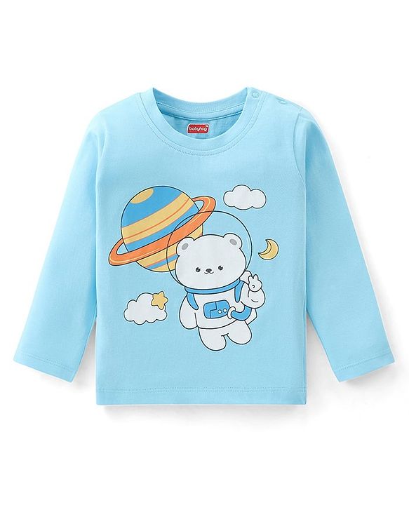 Babyhug Cotton Knit Full Sleeves Night Suit with Bear Print - Sky Blue