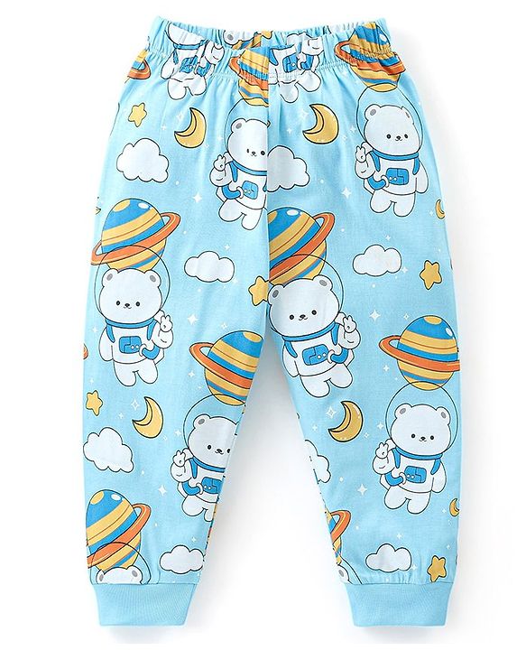 Babyhug Cotton Knit Full Sleeves Night Suit with Bear Print - Sky Blue