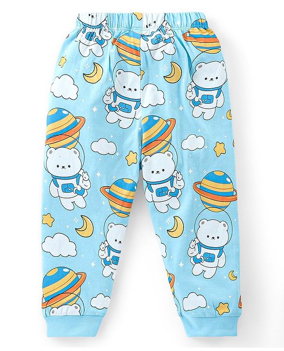 Babyhug Cotton Knit Full Sleeves Night Suit with Bear Print - Sky Blue