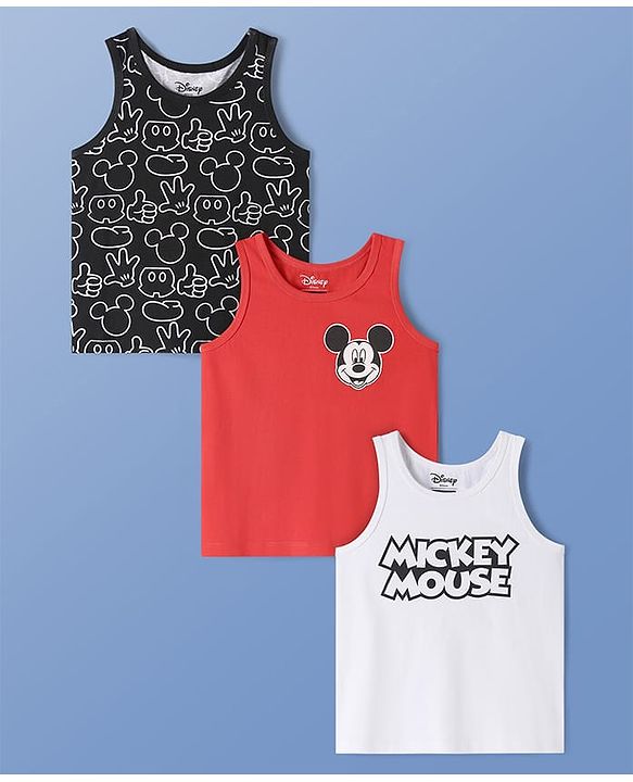 Pine Kids Disney Single Jersey Knit Sleeveless Tank T-Shirt With Mickey Mouse Graphic Pack of 3 - Red Black & White