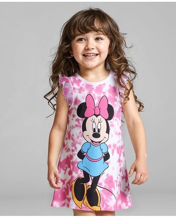 Babyhug Disney Single Jersey Knit Frill Sleeves Nighty with Minnie Mouse Graphics - White