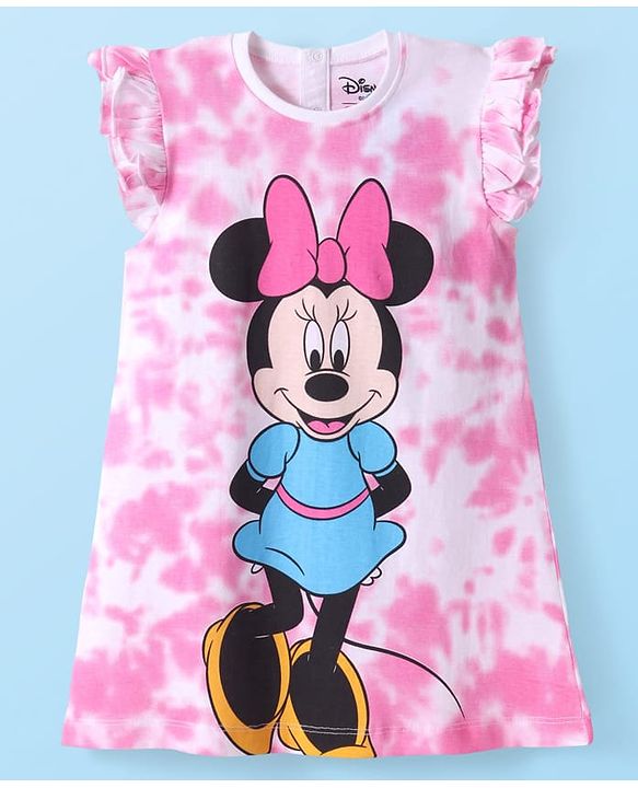 Babyhug Disney Single Jersey Knit Frill Sleeves Nighty with Minnie Mouse Graphics - White