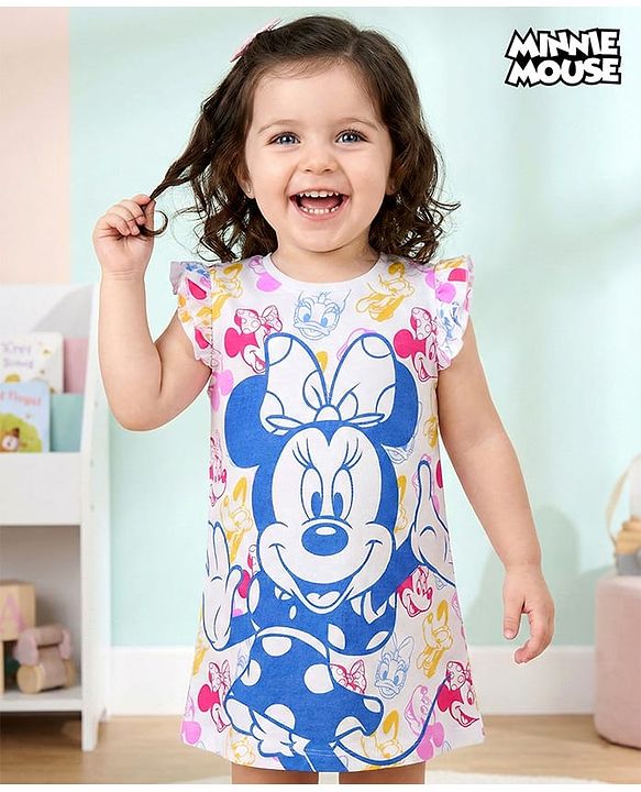 Babyhug Disney Single Jersey Knit Frill Sleeves Nighty With Minnie Mouse Graphics - White