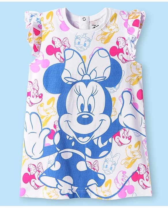 Babyhug Disney Single Jersey Knit Frill Sleeves Nighty With Minnie Mouse Graphics - White