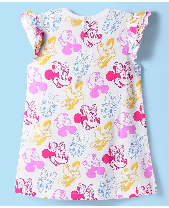 Babyhug Disney Single Jersey Knit Frill Sleeves Nighty With Minnie Mouse Graphics - White