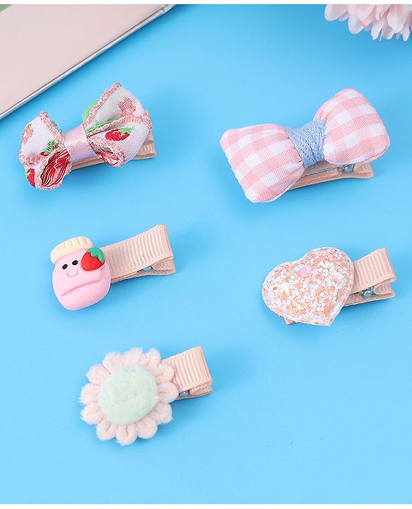 Babyhug Hair Pins And Clips with Floral & Bow Applique Free Size Pack of 5 - Pink