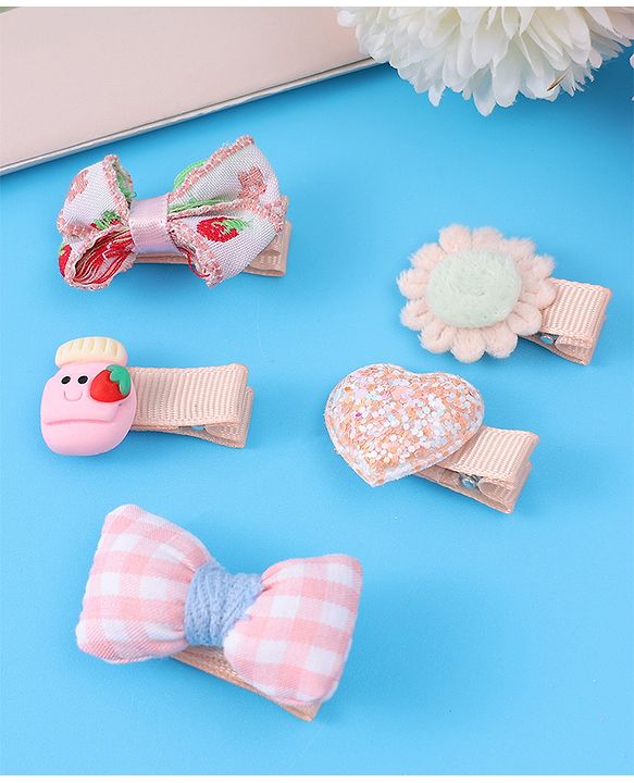 Babyhug Hair Pins And Clips with Floral & Bow Applique Free Size Pack of 5 - Pink