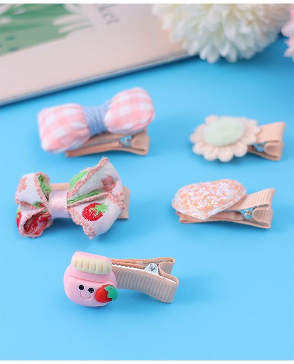 Babyhug Hair Pins And Clips with Floral & Bow Applique Free Size Pack of 5 - Pink