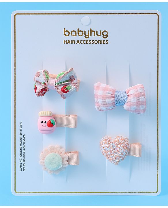 Babyhug Hair Pins And Clips with Floral & Bow Applique Free Size Pack of 5 - Pink