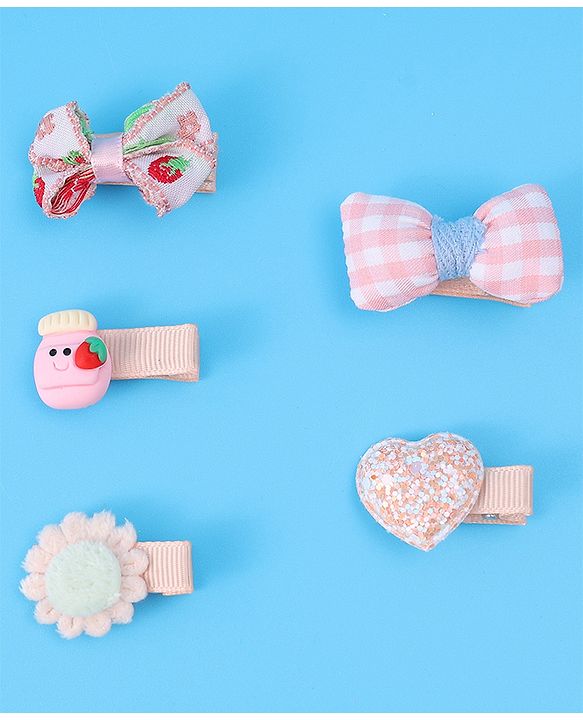 Babyhug Hair Pins And Clips with Floral & Bow Applique Free Size Pack of 5 - Pink
