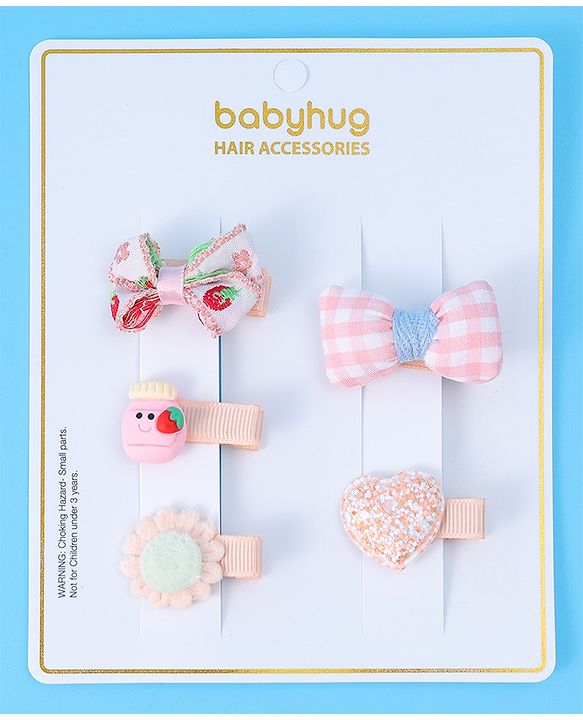 Babyhug Hair Pins And Clips with Floral & Bow Applique Free Size Pack of 5 - Pink