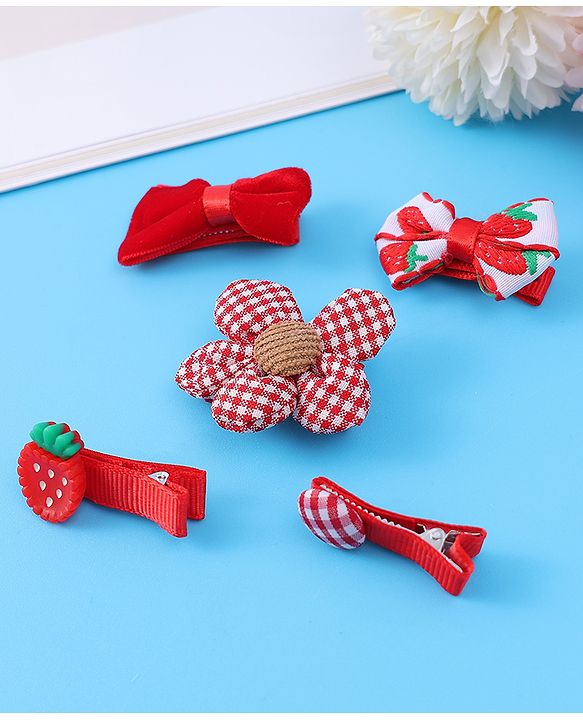 Babyhug Hair Pins And Clips with Floral & Strawberry Applique Free Size Pack of 5 - Red