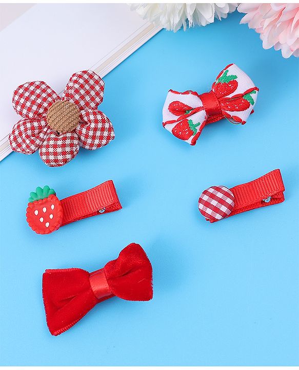 Babyhug Hair Pins And Clips with Floral & Strawberry Applique Free Size Pack of 5 - Red