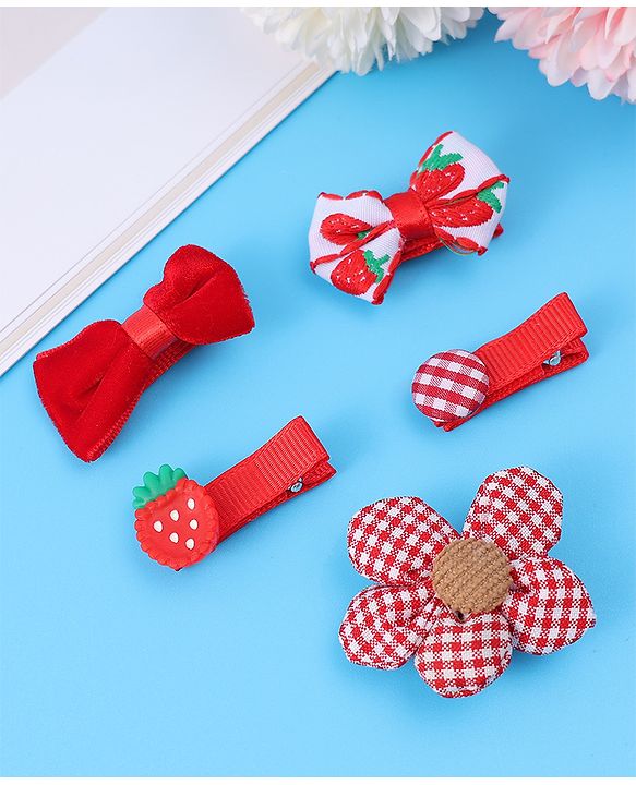 Babyhug Hair Pins And Clips with Floral & Strawberry Applique Free Size Pack of 5 - Red