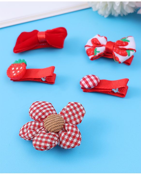 Babyhug Hair Pins And Clips with Floral & Strawberry Applique Free Size Pack of 5 - Red