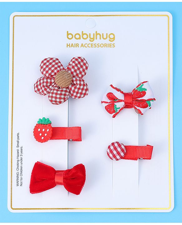 Babyhug Hair Pins And Clips with Floral & Strawberry Applique Free Size Pack of 5 - Red