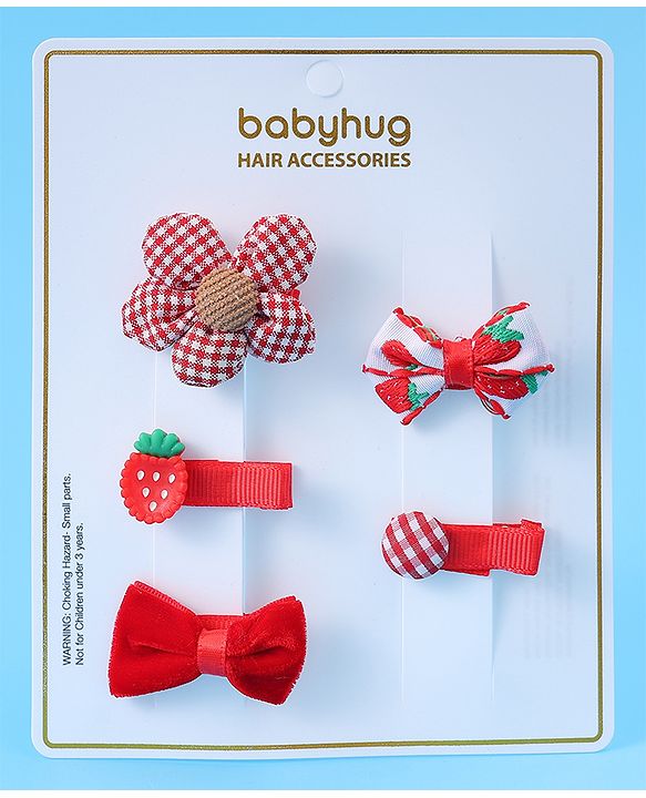 Babyhug Hair Pins And Clips with Floral & Strawberry Applique Free Size Pack of 5 - Red