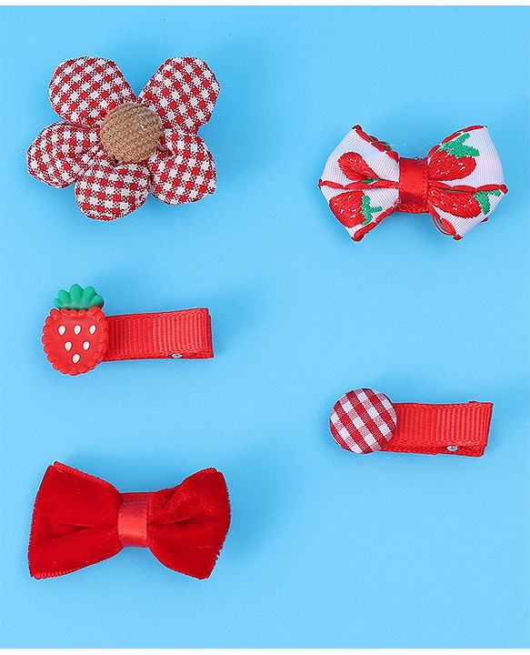 Babyhug Hair Pins And Clips with Floral & Strawberry Applique Free Size Pack of 5 - Red