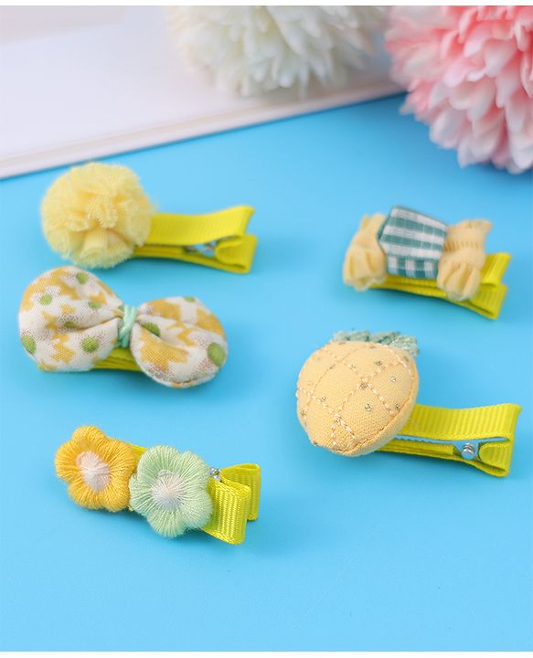 Babyhug Hair Pins And Clips with Floral & Bow Applique Free Size Pack of 5 - Yellow