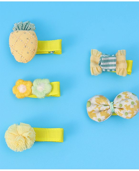 Babyhug Hair Pins And Clips with Floral & Bow Applique Free Size Pack of 5 - Yellow
