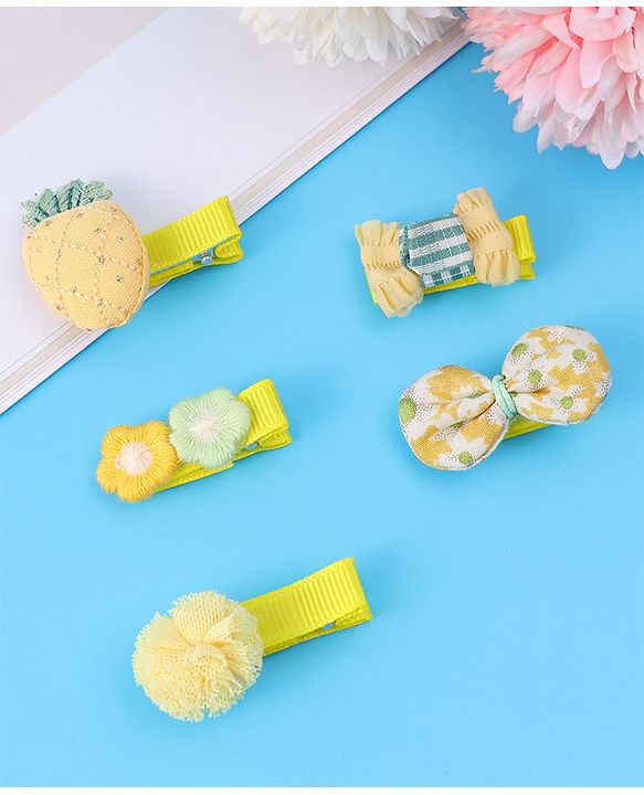 Babyhug Hair Pins And Clips with Floral & Bow Applique Free Size Pack of 5 - Yellow