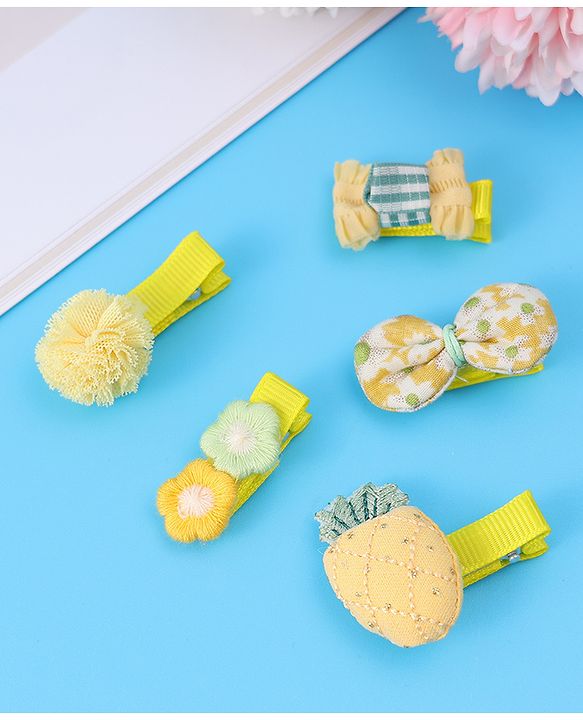Babyhug Hair Pins And Clips with Floral & Bow Applique Free Size Pack of 5 - Yellow