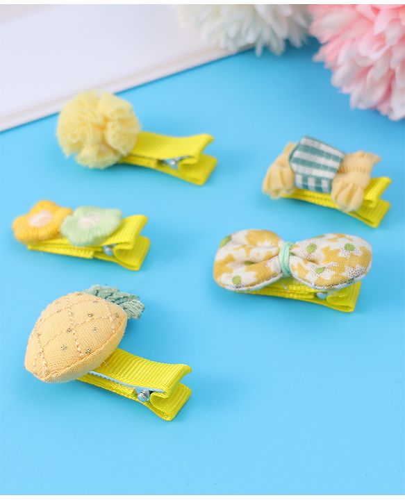 Babyhug Hair Pins And Clips with Floral & Bow Applique Free Size Pack of 5 - Yellow