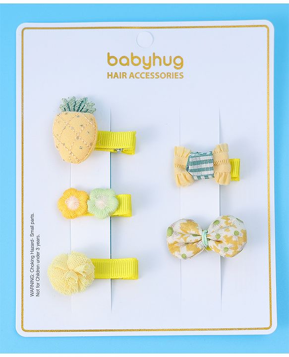 Babyhug Hair Pins And Clips with Floral & Bow Applique Free Size Pack of 5 - Yellow
